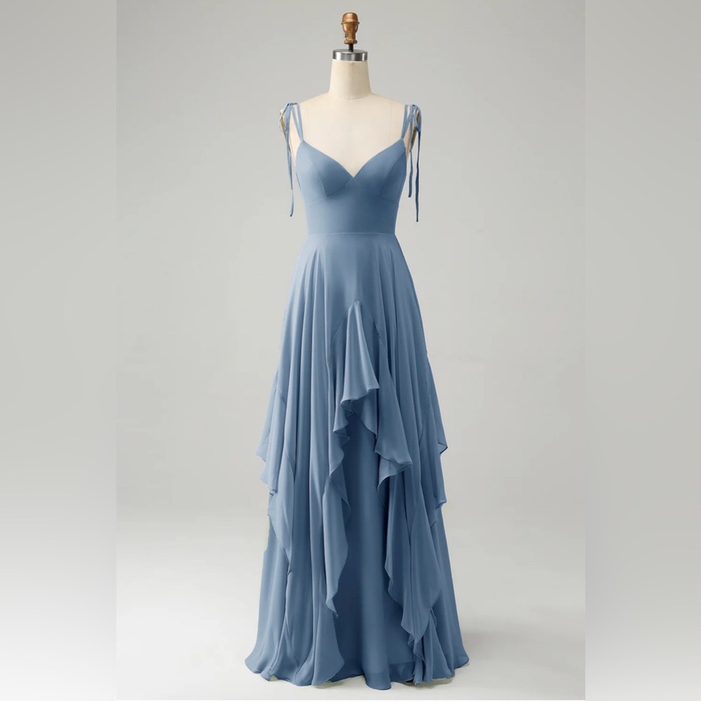 Blue Spaghetti-Strap Ruffle Maxi Dress - Wedding Guest Dress, Bridesmaids Dress